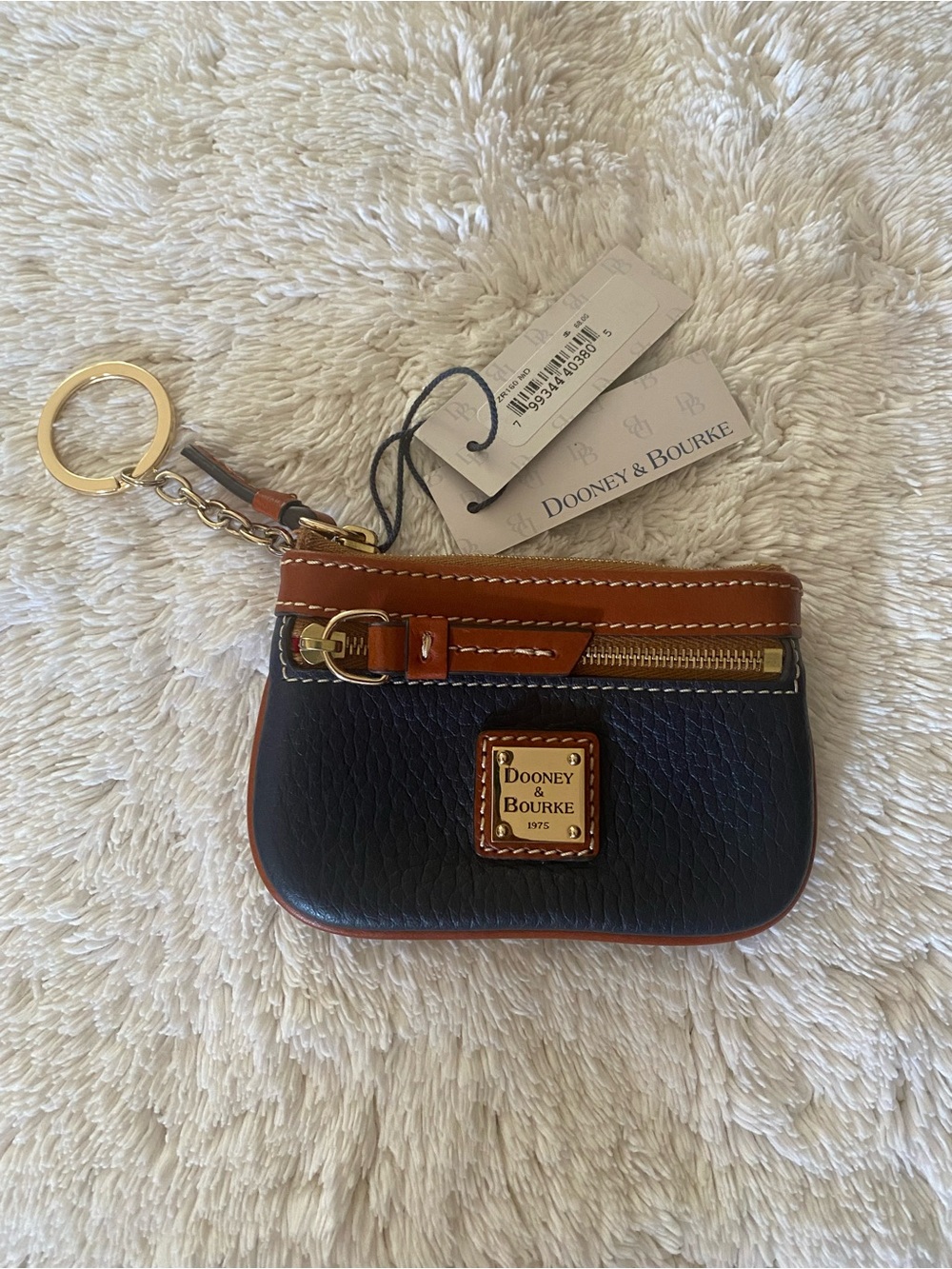 Dooney & Bourke Blue Pebbled Leather Key & Card Pouch with Brown Trim